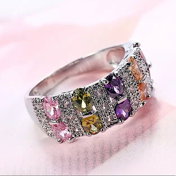 PLATINUM RAINBOW ZIRCON RING PROMISE CZ BAND RING - Picture 2 of 9